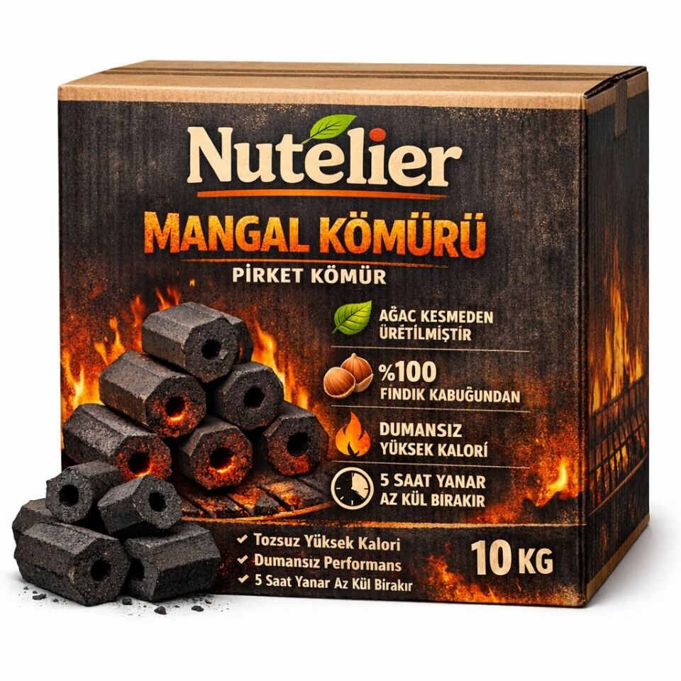 Nutelier %100 Doğal Fındık Kabuğu Briket Mangal Kömürü – 10 KG